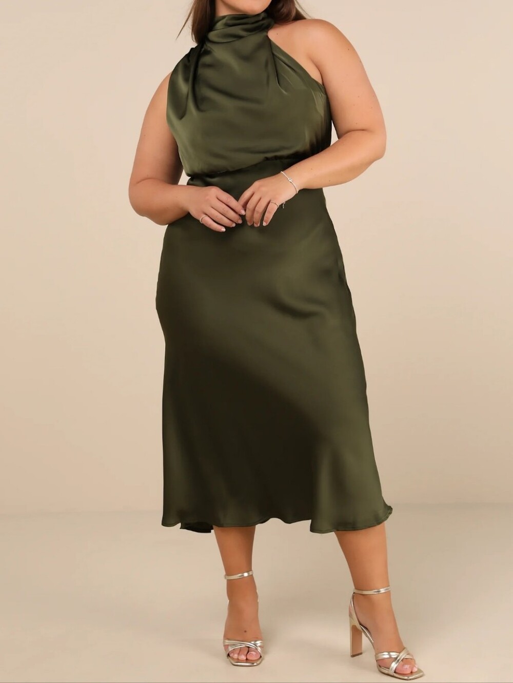 Lulu's Olive Green Satin Asymmetrical Midi Dress